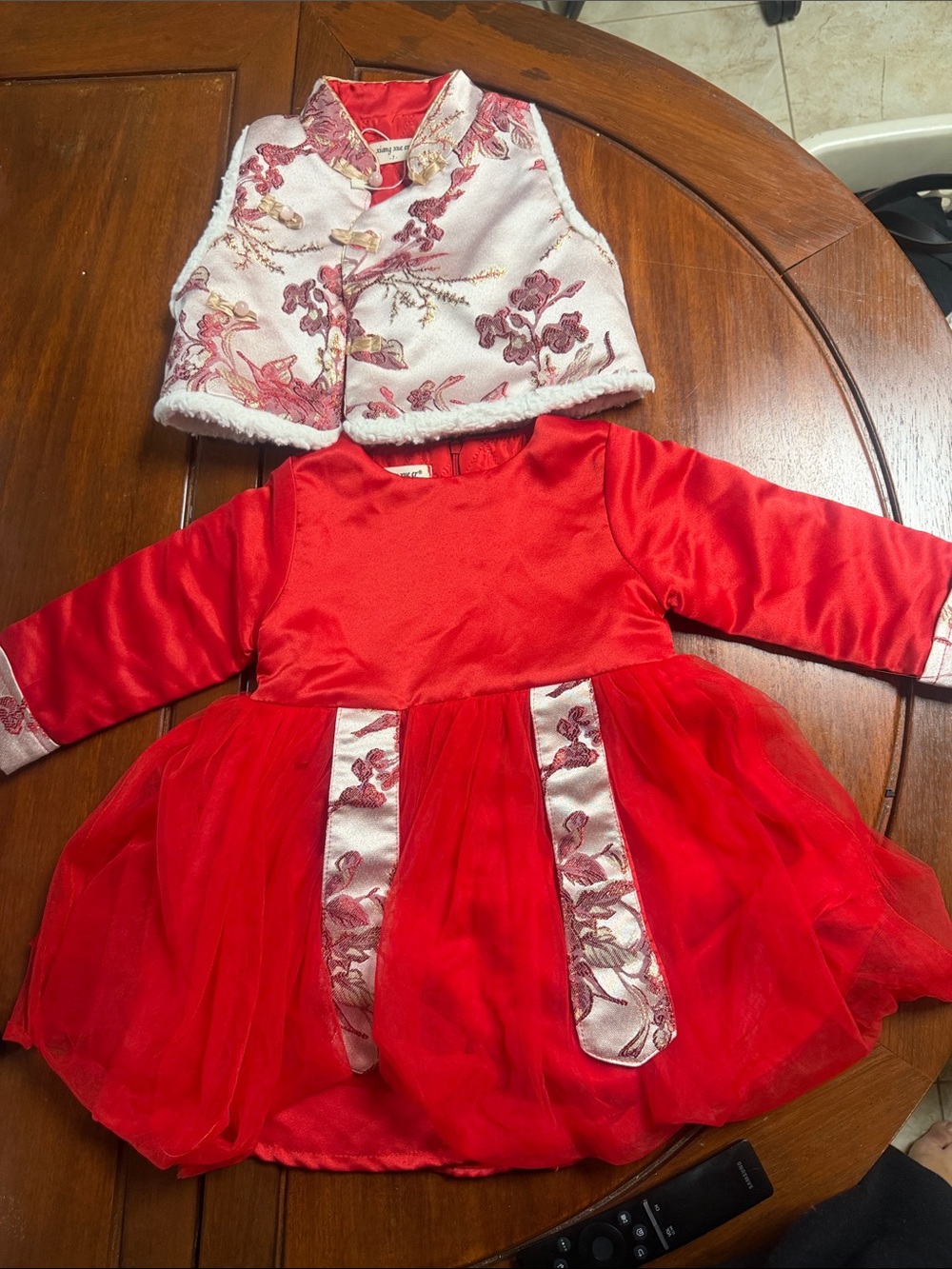 Red Floral Trim Girls' Costume Dress with Matching Vest